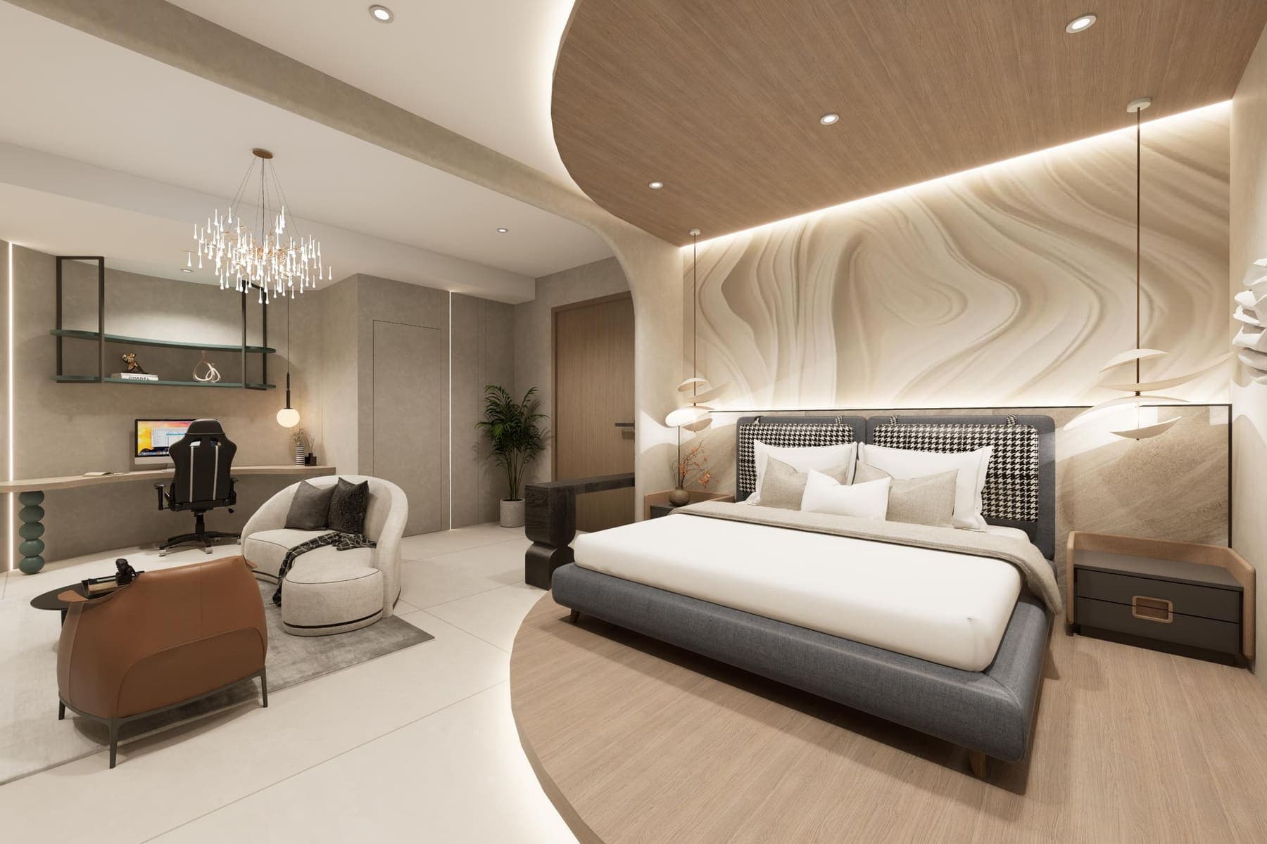 Render of the master bedroom: a curved cove ceiling, textured headboard wall, study corner and a curved chair