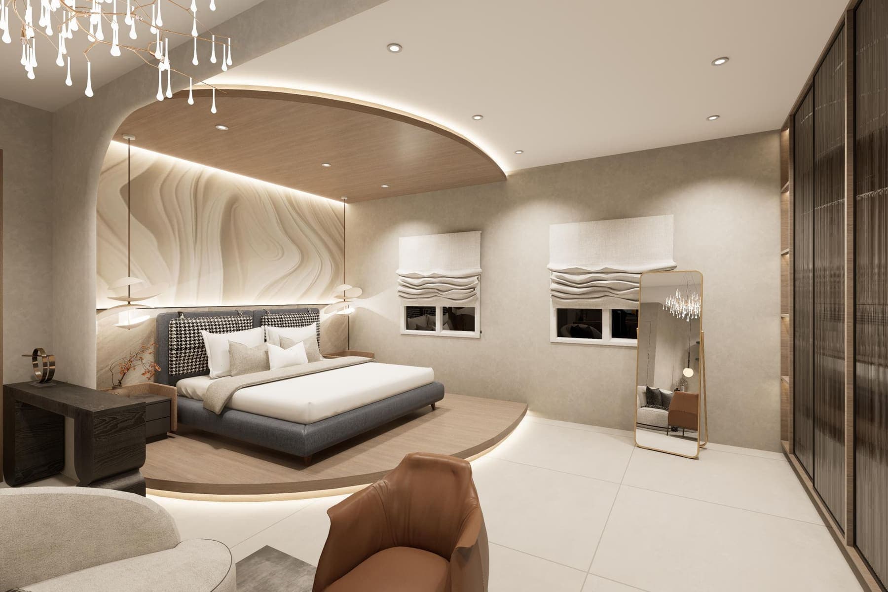 Render of the bed on its raised circular platform, with a fluted glass wardrobe and a full-height mirror