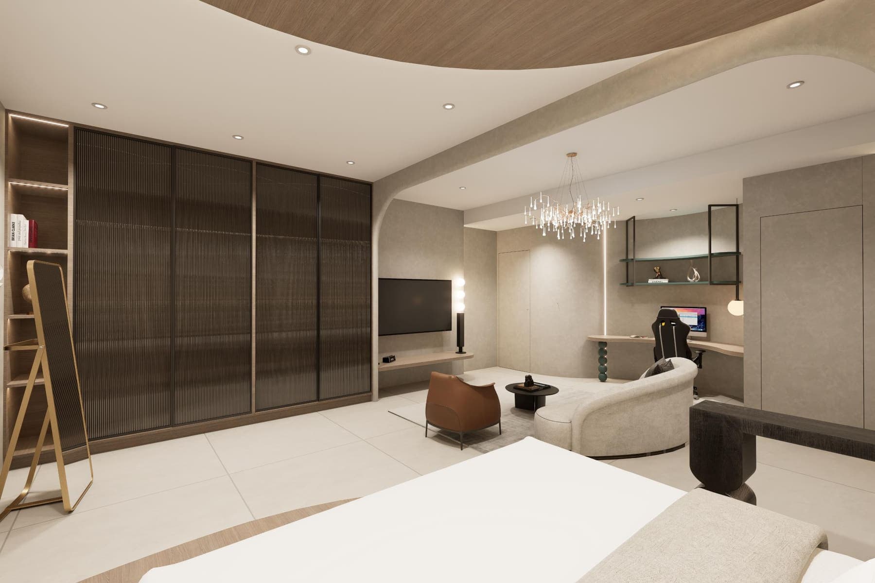 Render of the wardrobe wall with the television, study desk and a drop chandelier