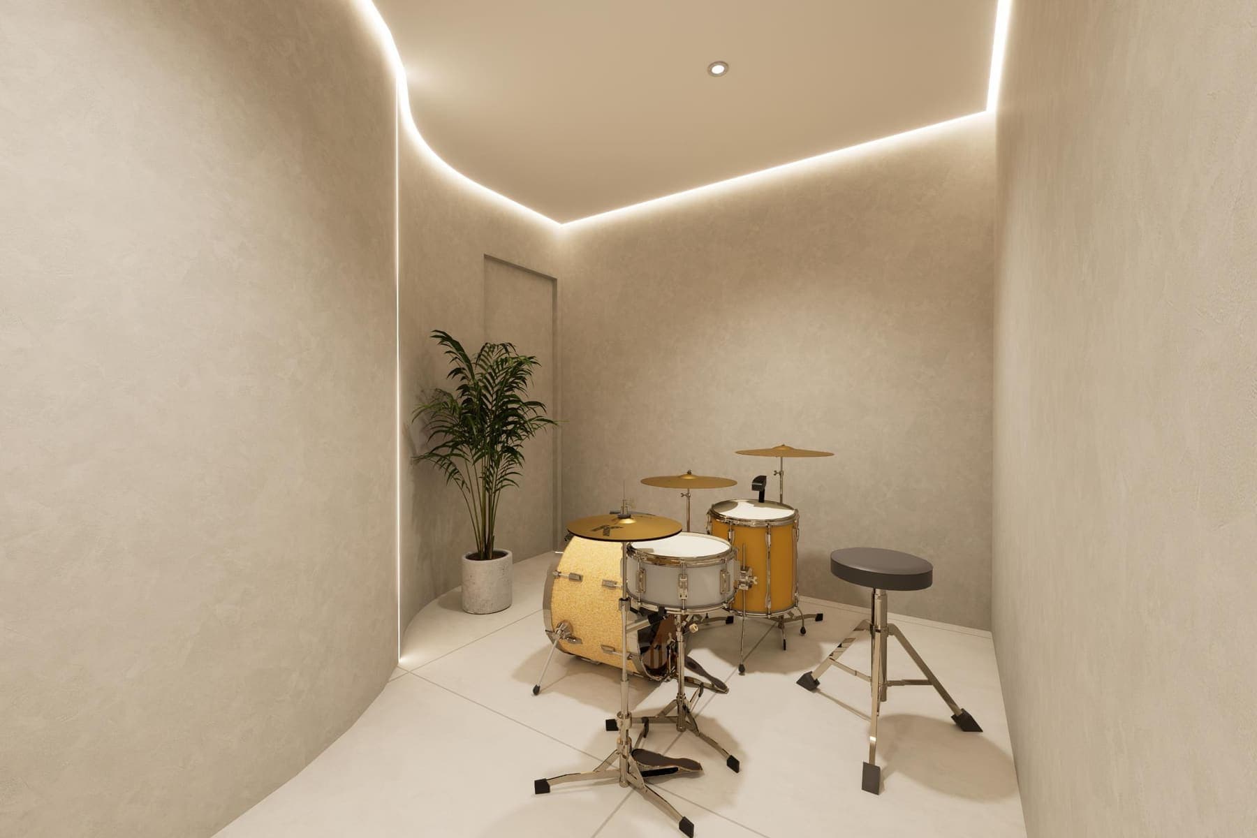 Render of the music room: curved limewash walls, concealed cove light and a drum kit