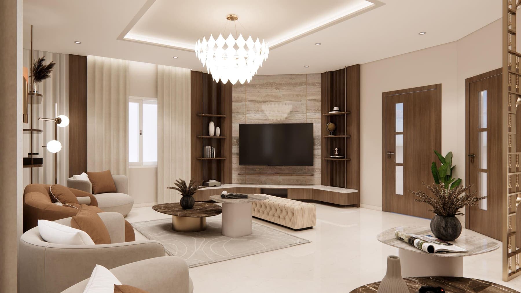 Render of the living room: a travertine and walnut media wall, curved tan sofas and a petal chandelier