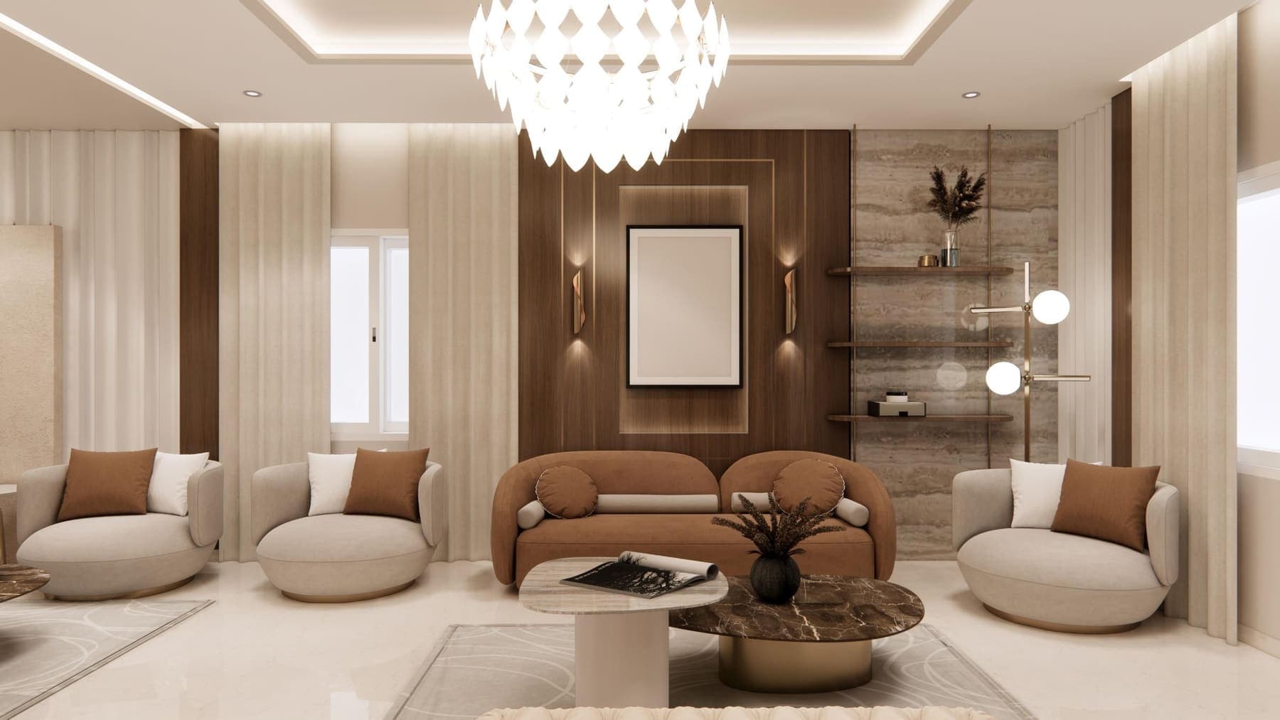 Render looking at the walnut feature wall with framed art, brass wall lights and a stone coffee table