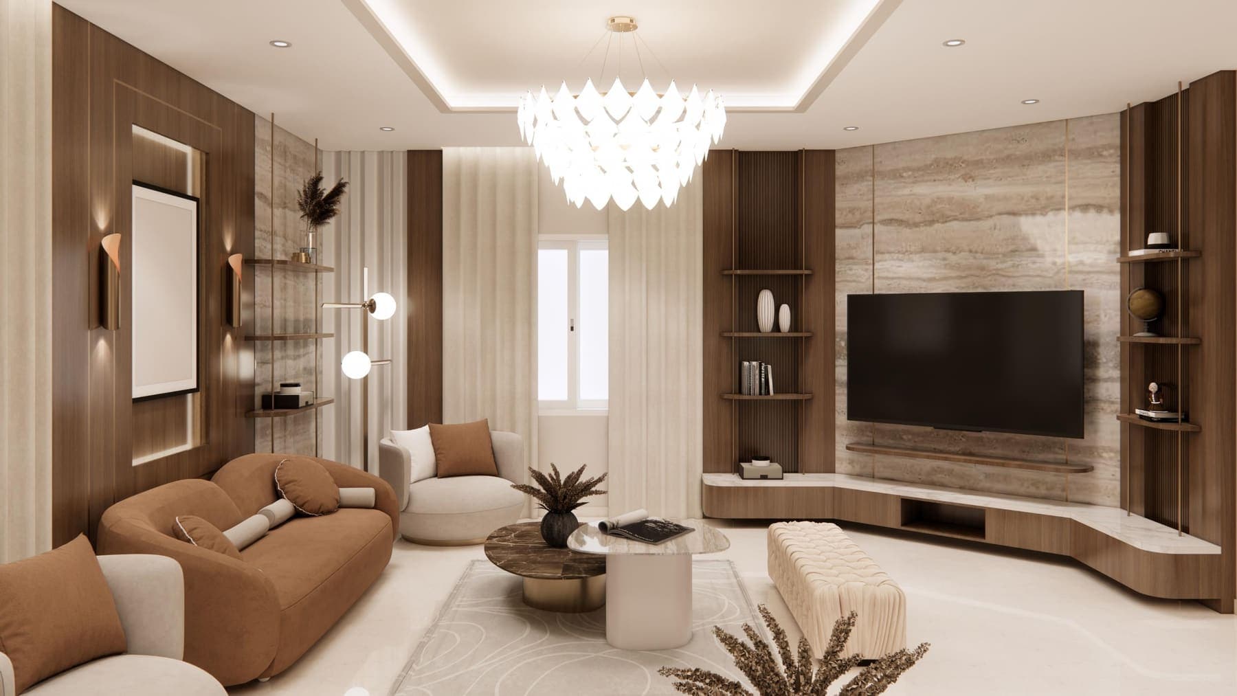 Render of the curved timber console below the television, with cove light along the ceiling