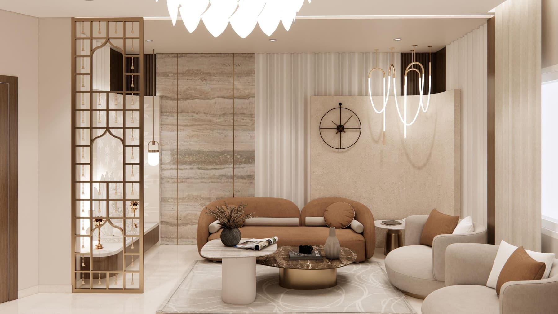 Render of the seating group with a wall clock and a sculptural pendant