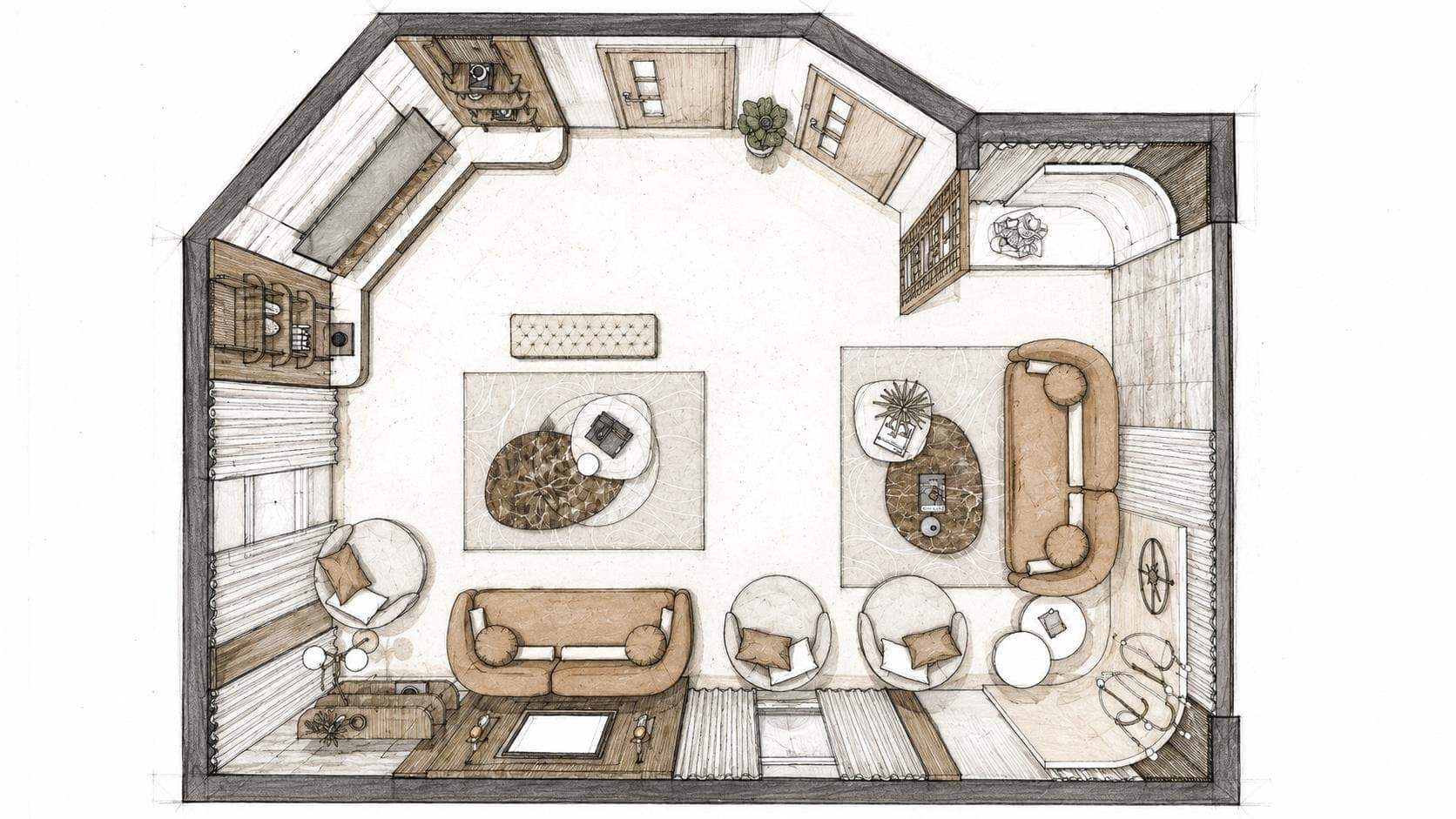 Hand-rendered furniture layout of the living area