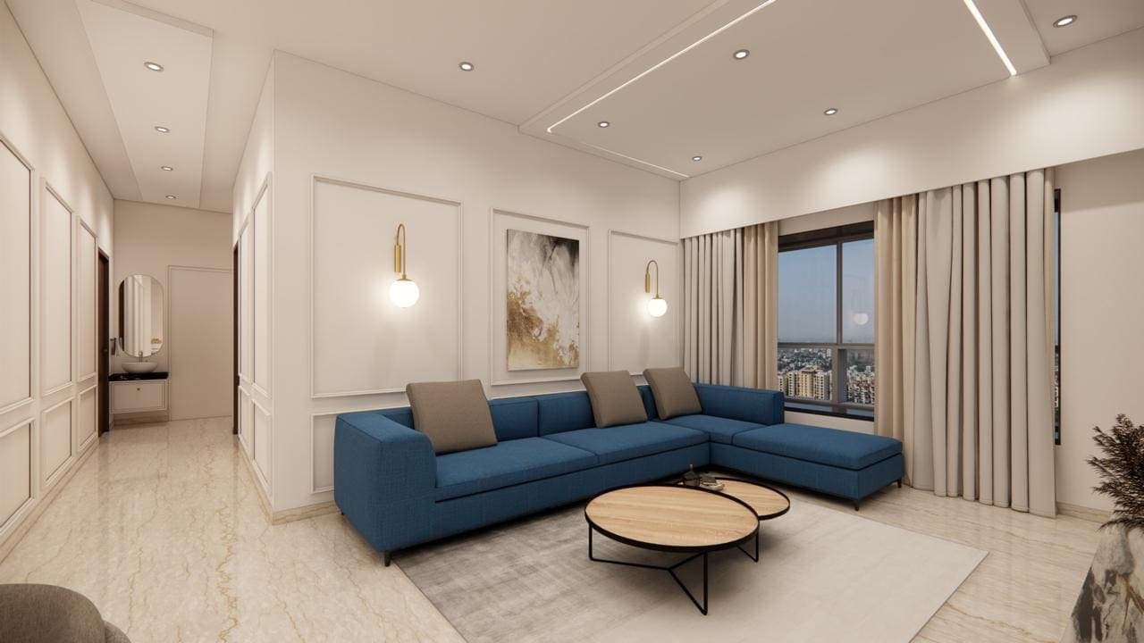 Render of the living room with panelled walls, brass wall lights and a corner sofa by the window