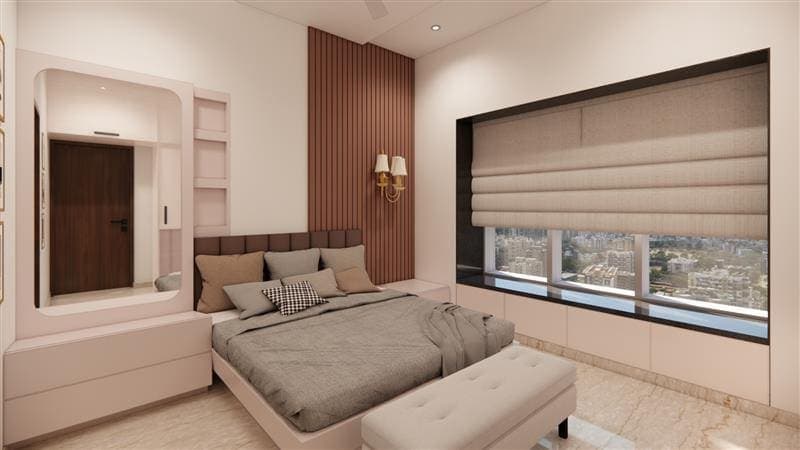Render of a bedroom with a fluted walnut headboard wall, an upholstered bench and a deep window seat