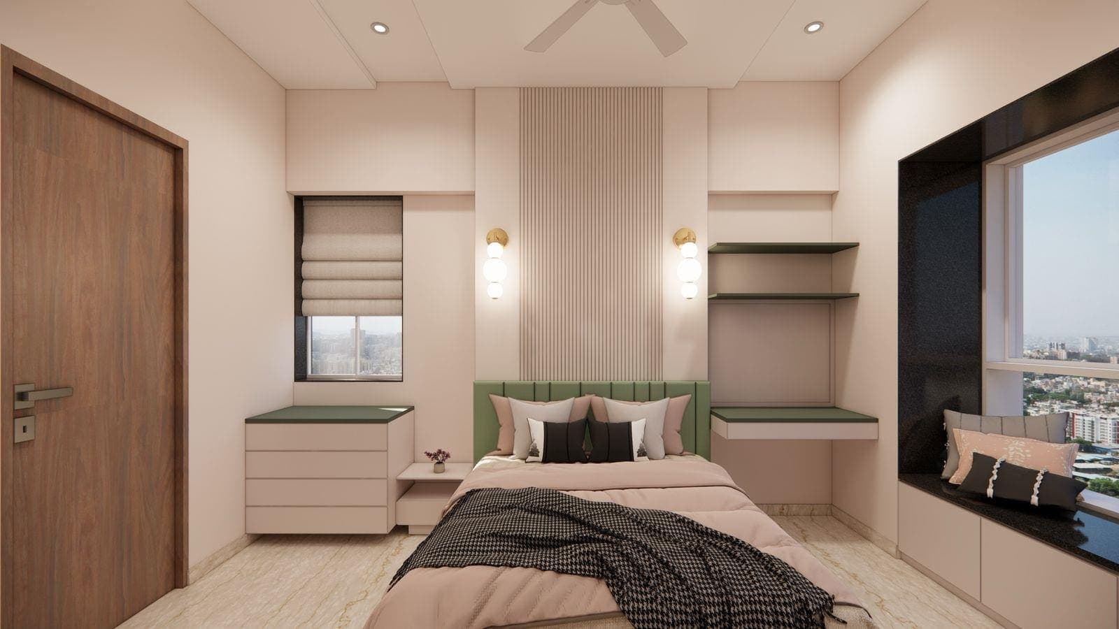 Render of a bedroom with a green upholstered headboard, brass wall lights and a window seat