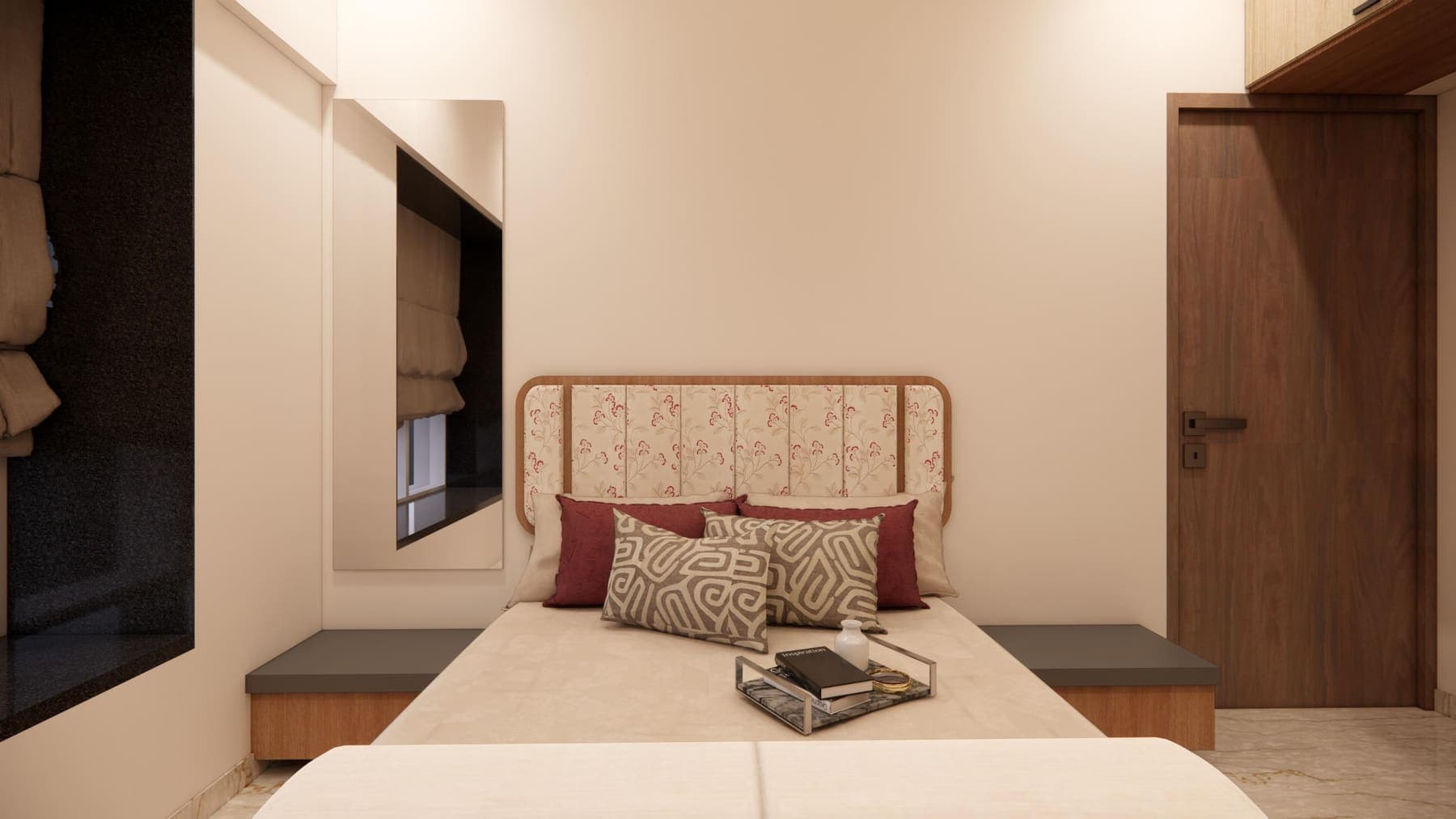 Render of a bedroom with a cane headboard and a window seat under a blind