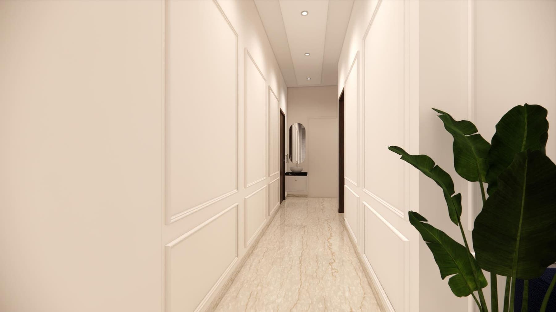 Render of the passage with wall panelling and recessed ceiling light